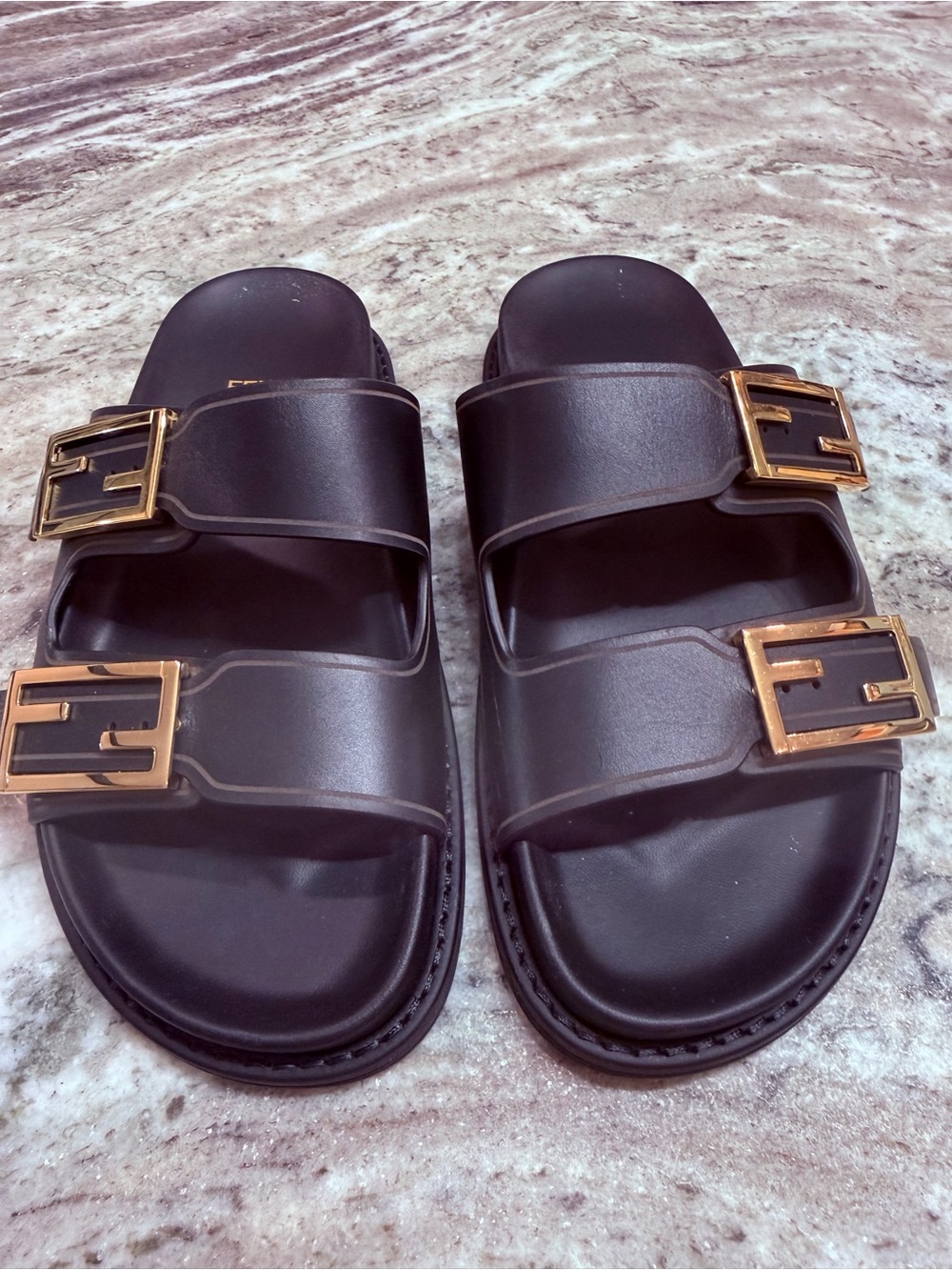 Fendi Black Leather Double-Buckle Slide Sandals with Gold Hardware